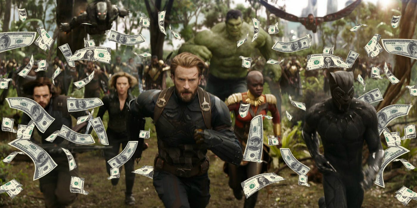 A scene from the Avengers: Infinity War trailer that was edited to depict money falling from the sky.
