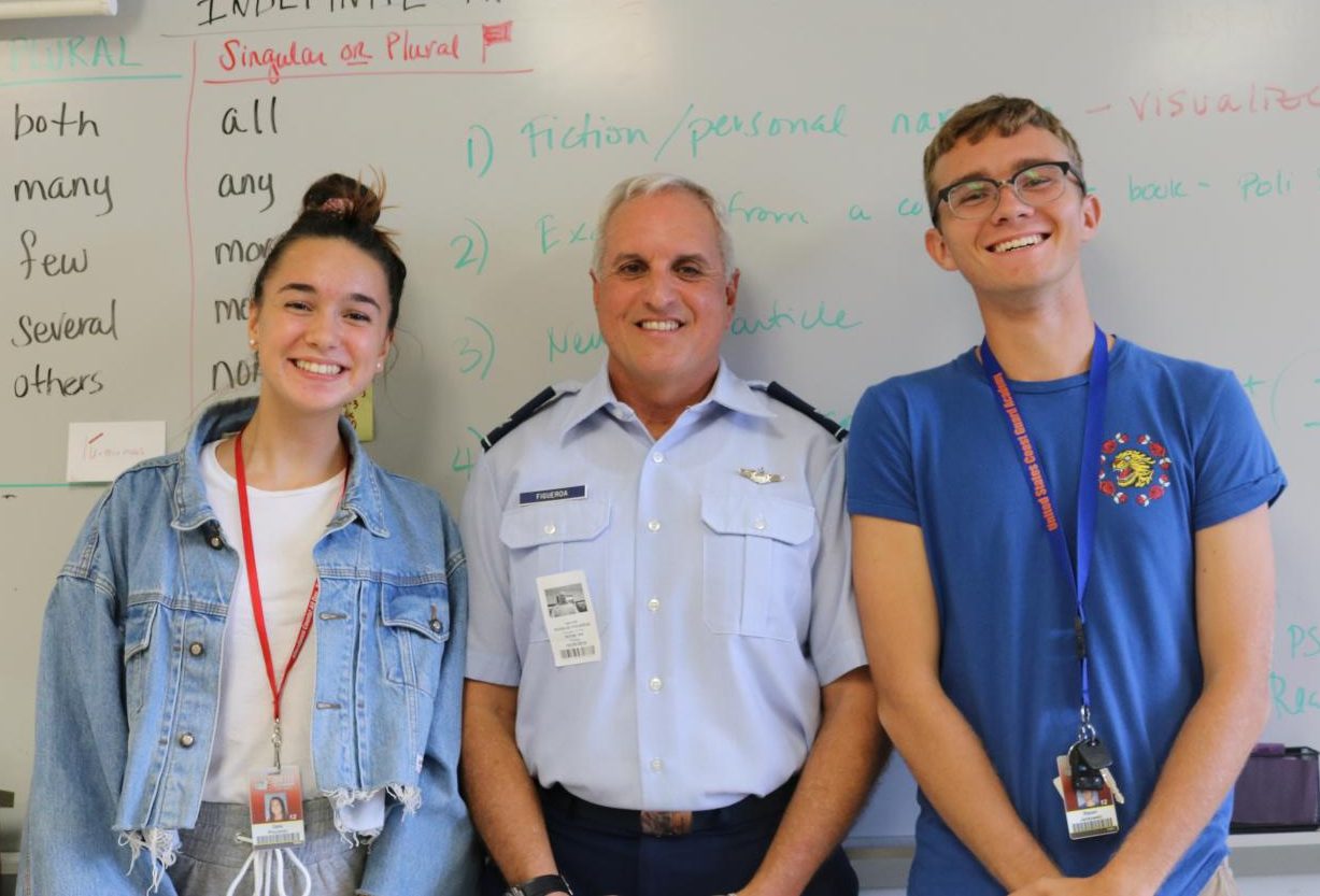 Aerospace club member (Left) standing with Guest speaker Rogelio Figueroa and Aerospace club Founder and president Stepan Jankowski