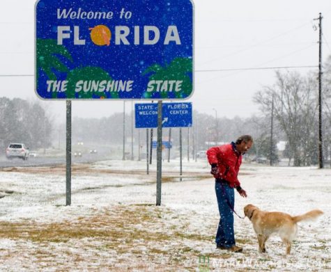 The welcoming sign of Florida surrounded by snow.