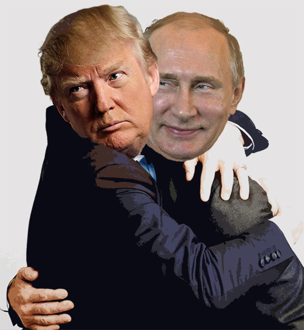 Donald Trump and Vladimir Putin are shown to be hugging in this photoshopped picture.