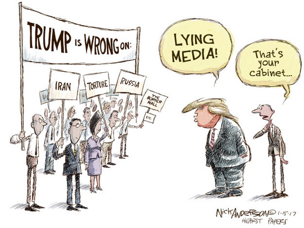 This political cartoon demonstrates the trending insult made by President Donald Trump on the regular against media that disagree with him, most famously CNN.