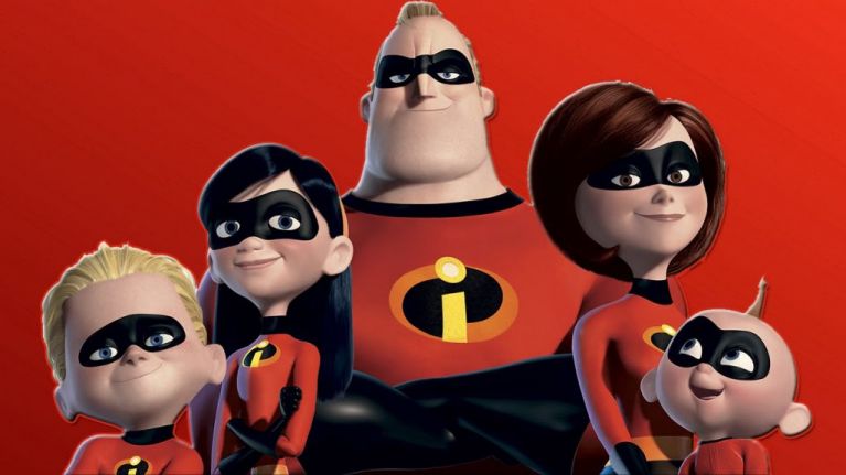 The Incredibles also the Parr family from left to right: Dash(Spencer Fox) the second child who possesses super speed, Violet(Sarah Vowell) the eldest child who can become invisible and generate a resistant force shield, Bob Parr/Mr.Incredible(Craig T. Nelson) the father and possesses super strength, Helen Parr/Elastigirl( Holly Hunter) the mother who possesses the ability to stretch her body like rubber, and Jack-Jack, the youngest who possesses the most versatile superhuman abilities. 
