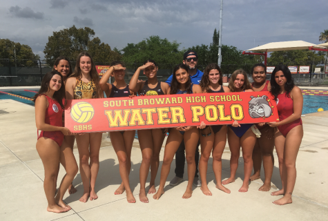 The Girls Water Polo team poses with Coach Mark Veszi for a team photo before practice at the SBHS pool on March 18th.