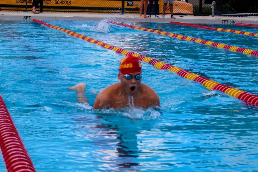 South Broward athlete takes a breath to continue the 200 yards freestyle race on October 10, 2019