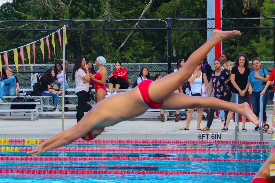 Athlete dives off platform during first race of the South Broward swimming competition on October 10, 2019.