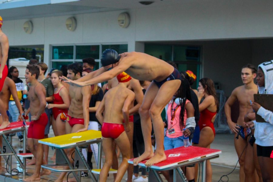 Athlete from Western gets ready to play against South Broward on the swimming competition on October 10, 2019