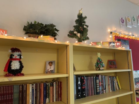 Little pine cone trees are standing on tables and bookshelves.