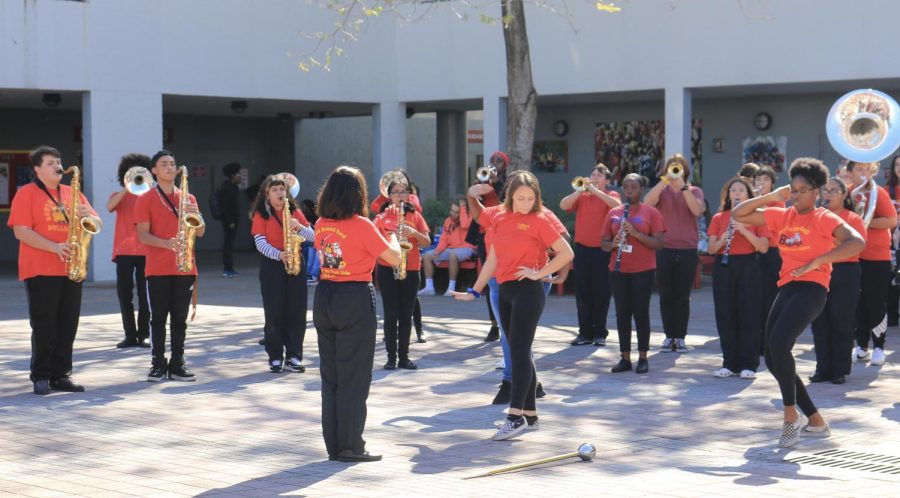 SBHS band performs during Art Week, at lunch time, while many teachers and students watch them. This was one of the many performances that the marching band gives during the year. 