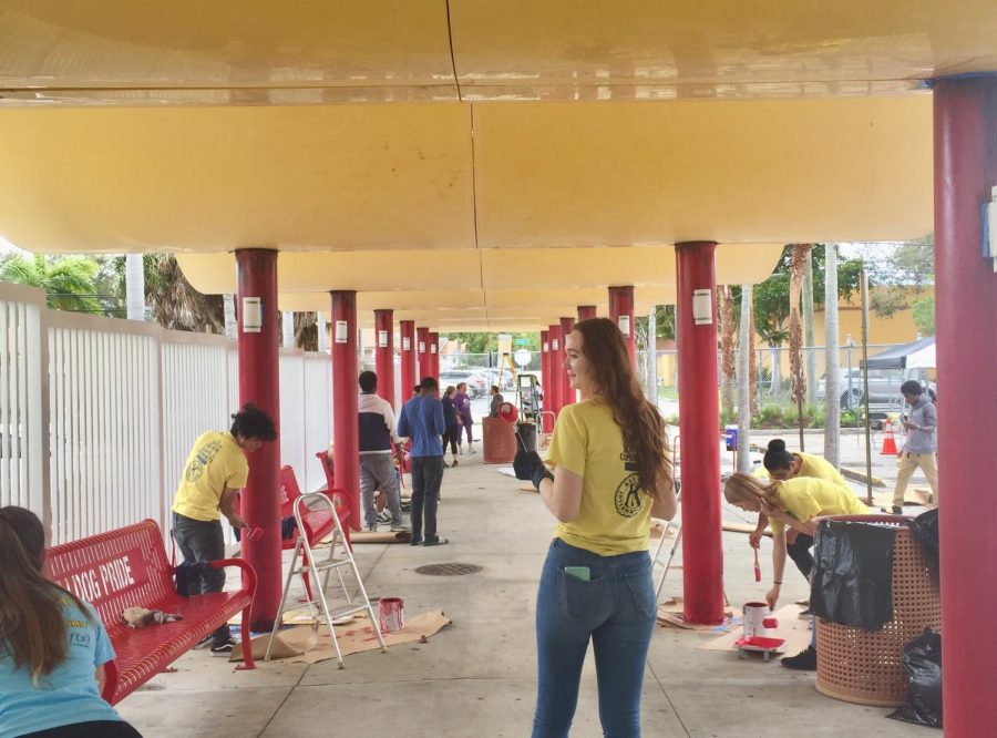 Another renovation from this day was painting over the red pillars under what everyone calls the noodle. Volunteers gave a touch up to the fading red paint on these polls. 