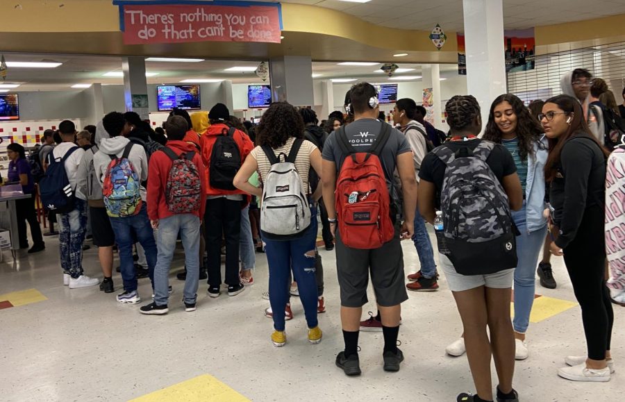 Over 1,100 students wait on line per lunch. Whether or not some students bring their own lunch, it takes a while to get lunch from the line.