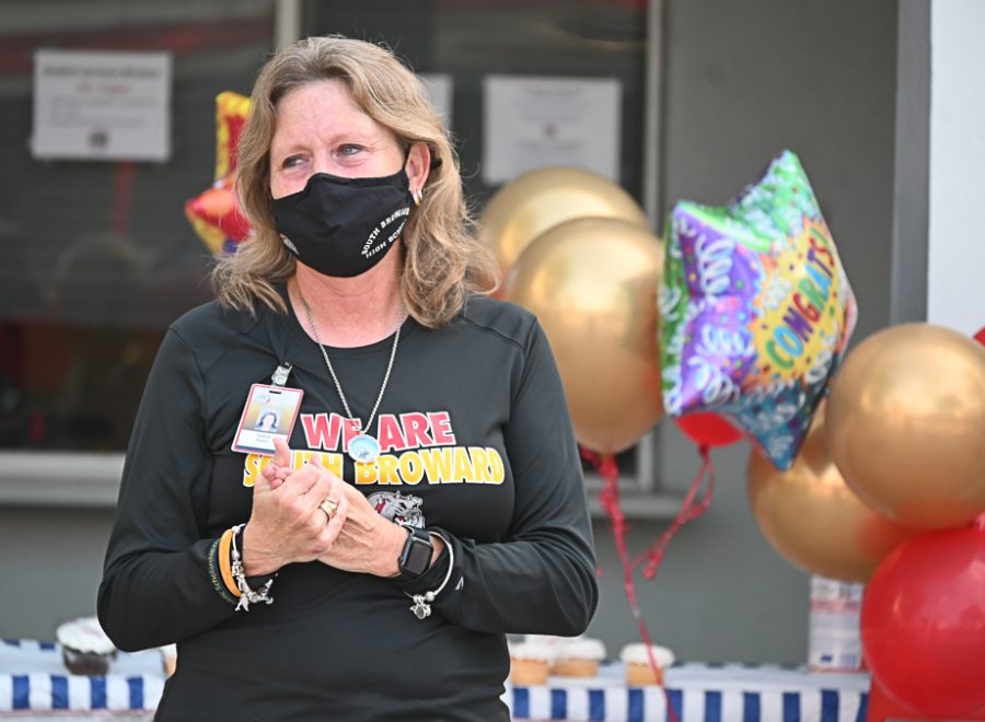SBHS Marine Magnet Coordinator Debra Hixon is honored during a farewell celebration on Friday, Nov. 13. A SBHS graduate herself, Hixon worked at the school for 27 years and would be moving on to becoming a member of the Broward County School Board after she won a run-off election on Nov. 4. 