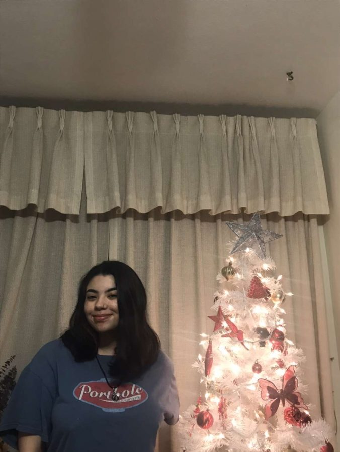 Nicole Larrosa standing next to her christmas tree 
