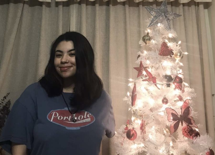 Nicole Larrosa standing next to her Christmas tree 