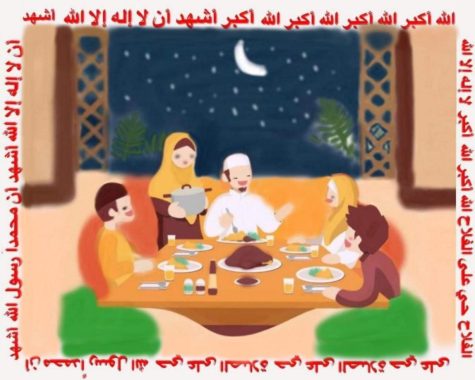 Around the illustration is the call to prayer. In English it means God is Great  bear witness that there is no god except the One God. I bear witness that Muhammad is the messenger of God. Hurry to the prayer. Hurry to salvation. There is no god except the One God. Click the audio below to hear the call to prayer. 