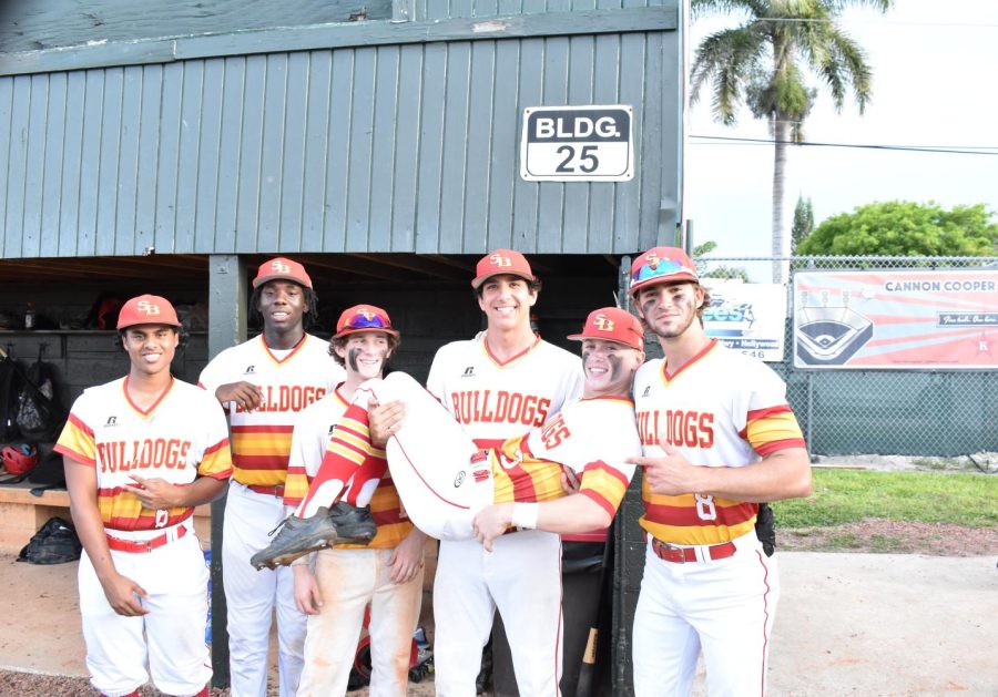 Bulldog baseball players (l to r) Dylan Khan, Wade Edema, Lucas Scineca, David Mayorga, Tyler Ochs,  and Luke Valenchis.  pose for a goofy photo op during Senior Night 2022. All of the players, except for Ochs and Scineca, have played for the team since their freshman year. 