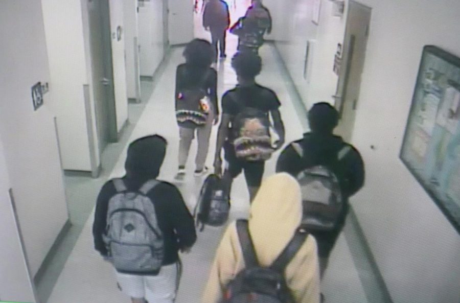 Birds Eye View. A screenshot from the hallway camera of SBHS students walking to their next class in the 300 building. 