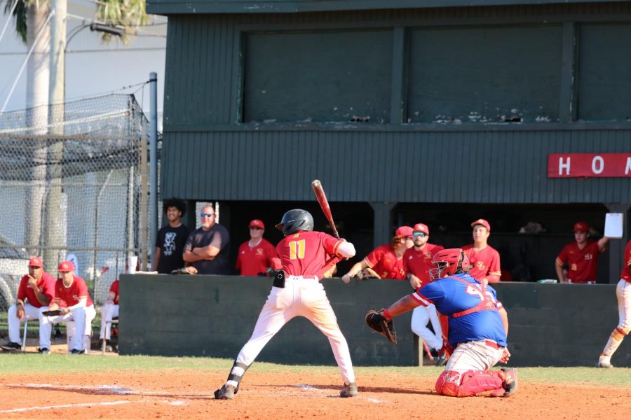 SBHS baseball player Mohamad puts up his bat waiting for the pitch.