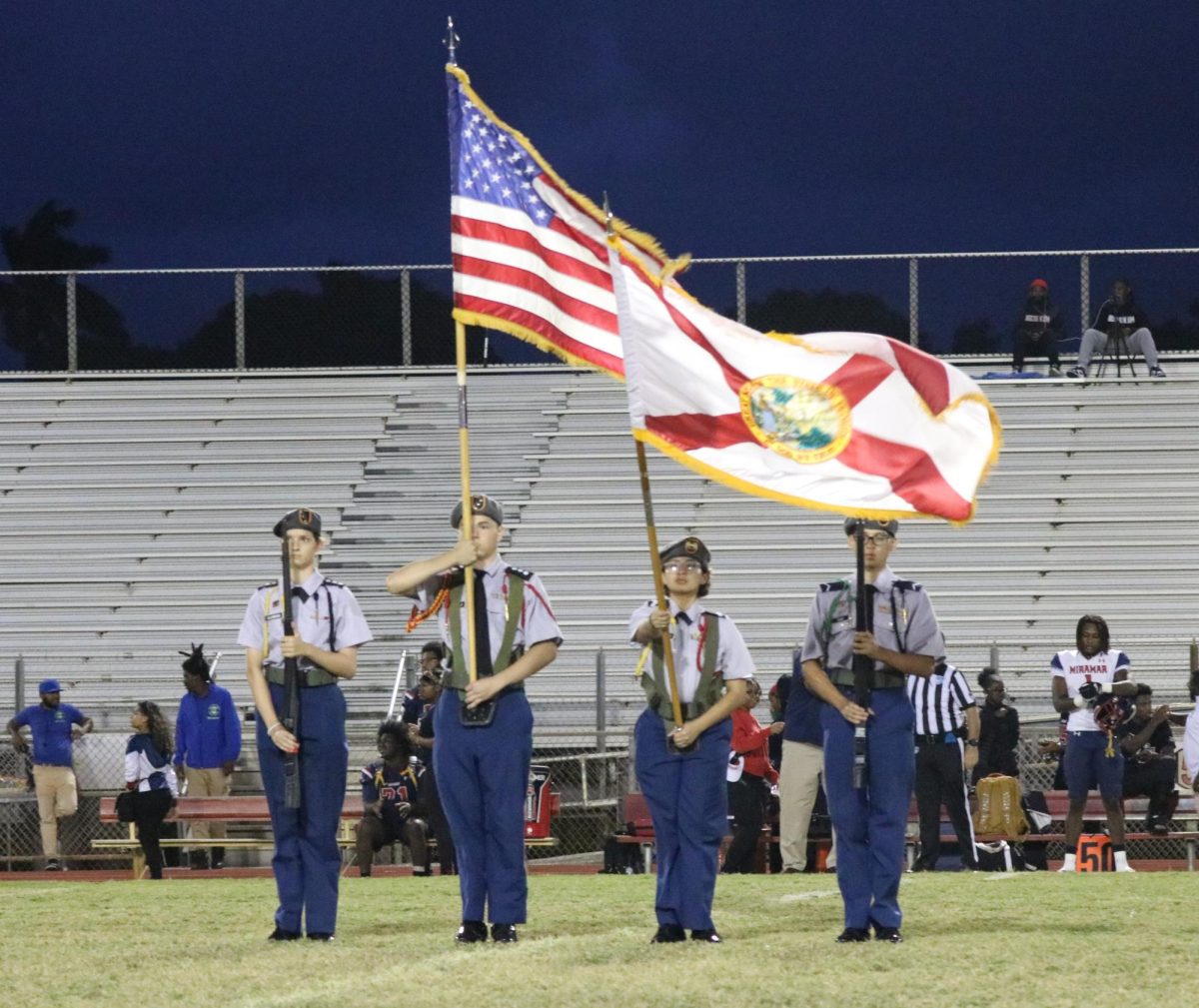 South Broward High Schools JROTC starts off the game with their flag ceremony and the national anthem.