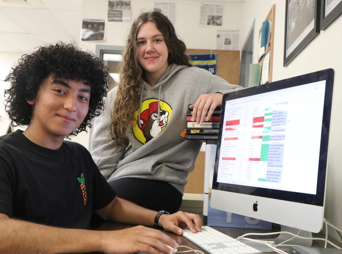 SBHS seniors Diego Figueroa and Isabel Wellins sit in front of a Google spreadsheet Figueroa made of 160 colleges and universities around the country. He made the spreadsheet over the summer from all of the schools that contacted him via e-mail or direct mail. I said if they reached out to me, I might as well look into them, said Figueroa. And, thats how I narrowed them down to schools I would apply to.