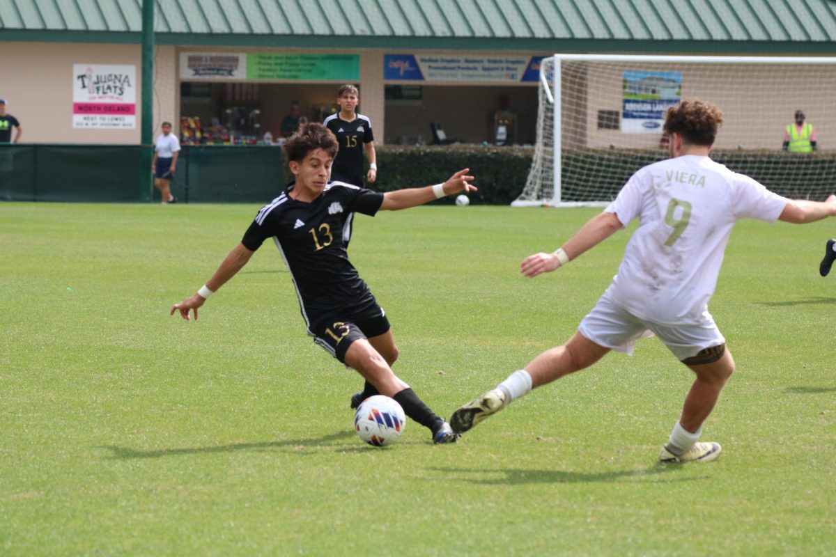 Junior Lainez epitomizes dedication and tenacity as he executes a masterful defensive maneuver to stop a Viera winger. As a senior, Lainez will be leaving the school as a part of a legendary team. 