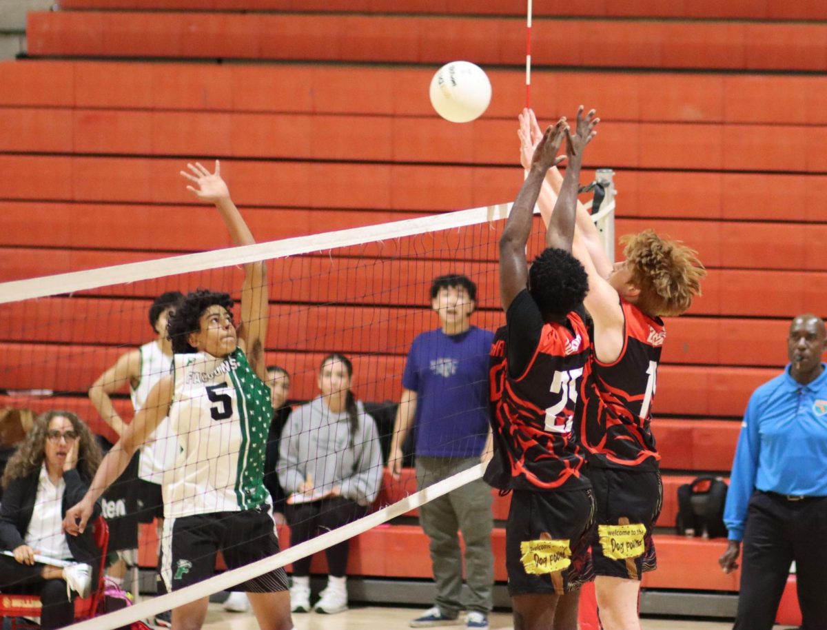 Teammates Nathan Carlson and Rubin Obas rise together for a clutch block, shutting down Flanagan’s attack.