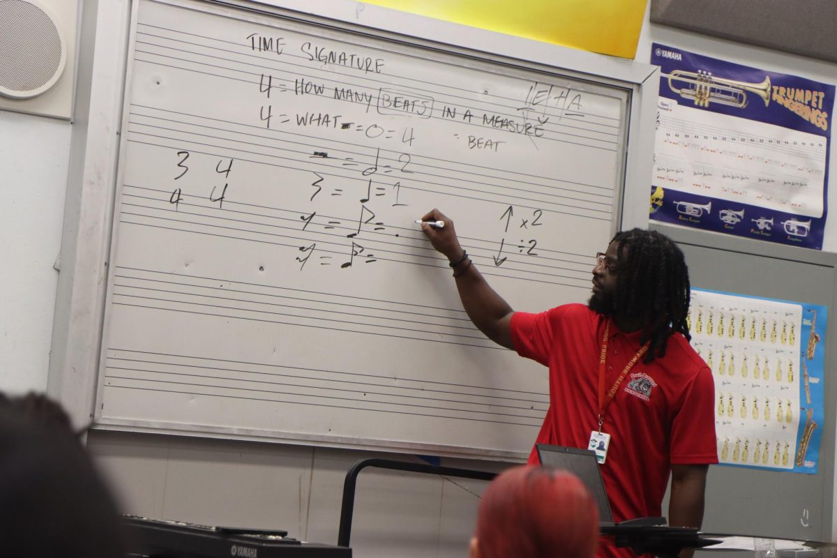 Mr. E teaches the students how many beats are in each note.